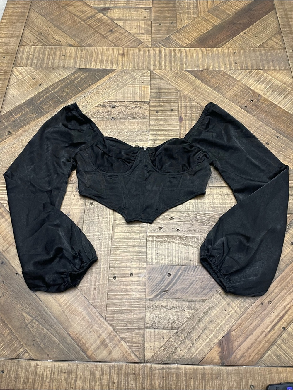 Black Long Sleeve Corset Crop Top - Structured Bustier Blouse S